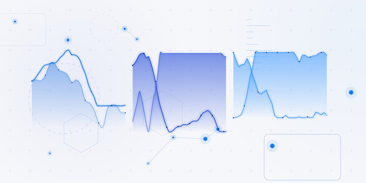 Data visualization charts with blue graphs and digital interface elements on a light gray grid background for analytics