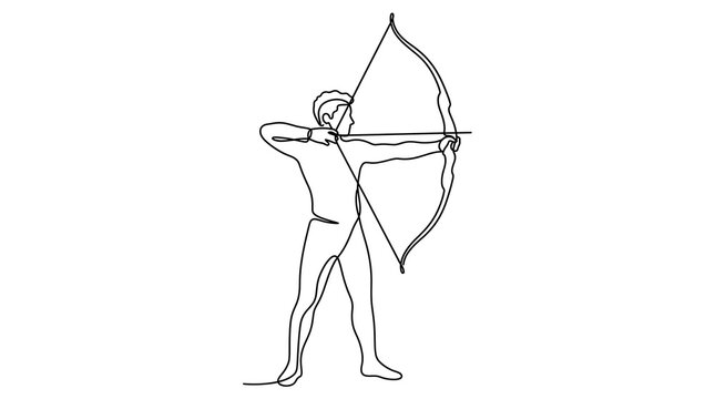 Continuous line drawing of an archer aiming a bow and arrow