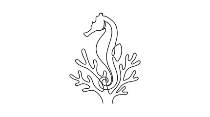Minimalist Single Line Seahorse and Coral Marine Life Illustration © Akhsan