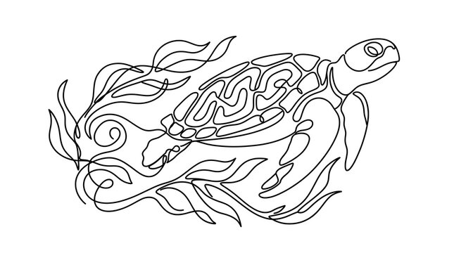 Minimalist Sea Turtle Continuous Line Art with Ocean Waves