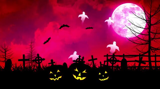 Spooky graveyard scene with glowing pumpkins ghosts and flying bats under a bright full moon.