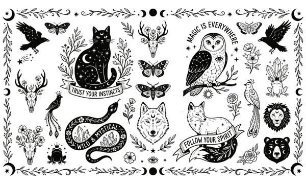 Mystical celestial spirit animals black cat barn owl wolf fox raven snake deer skull with crystals and witchy ribbons