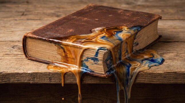 Old book pages dissolving into flowing liquid on wooden surface with information
