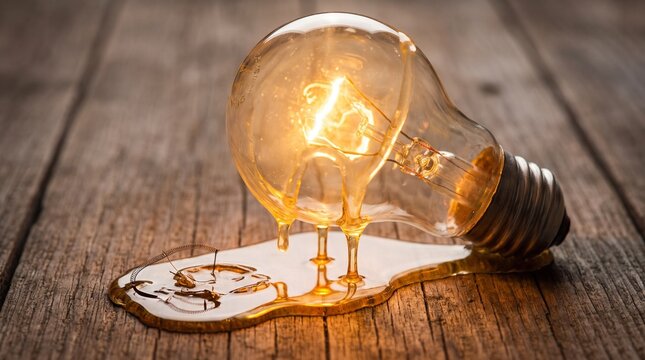 Illuminated incandescent light bulb melting into golden liquid on rustic wood
