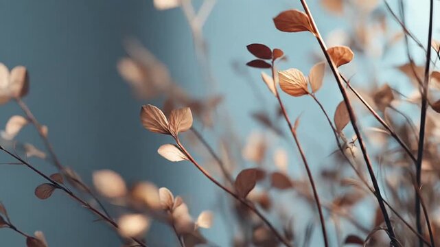 Delicate dried leaves on thin branches against blue.
