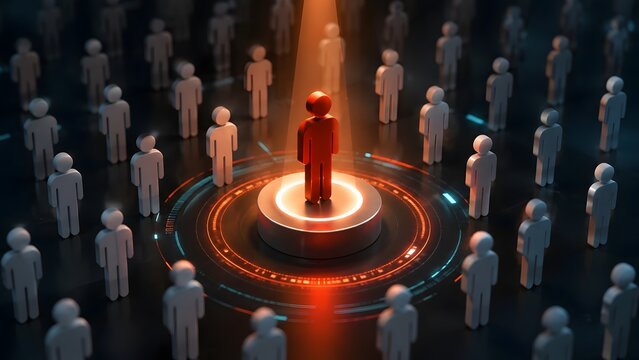 Red 3d human figure standing on glowing pedestal illuminated by spotlight among crowd of white figures representing leadership and standing out