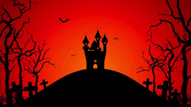 Haunted castle silhouette with bats flying over a spooky graveyard background at night.