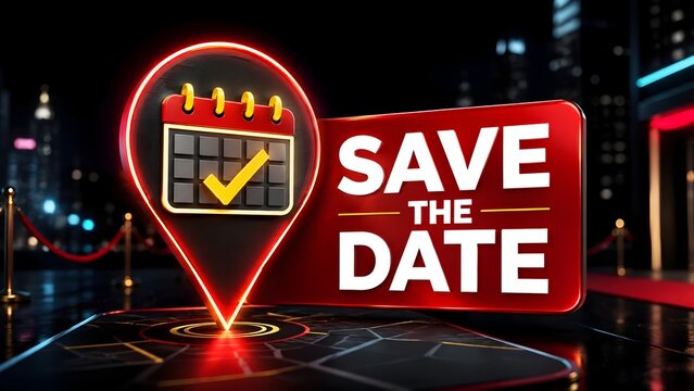 Glowing red neon save the date sign with calendar icon and map pin on dark city street representing event planning and important scheduling
