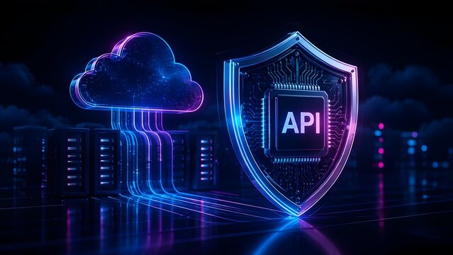 Glowing API microchip inside a digital shield connected to a cloud server representing secure application programming interface and cloud cybersecurity