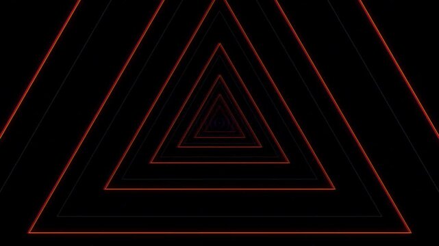 Abstract red geometric triangle tunnel animation on black background, futuristic glowing neon digital projection loop