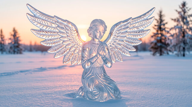 Ice sculpture of an angel in snowy landscape at sunrise for Christmas winter holidays spiritual remembrance and peace [copy space]