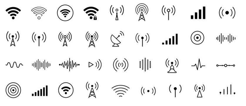 Wireless signal icons set includes wifi, antenna, radio, sound waves, perfect for tech design, communication network, audio visual vector illustration
