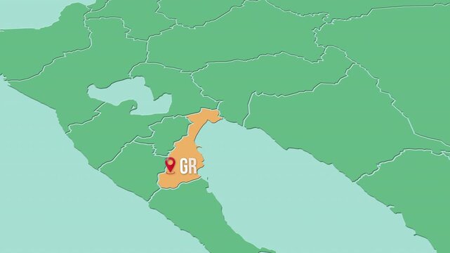 Mapa de Nicaragua con divisi&oacute;n pol&iacute;tica resaltando el departamento de Granada