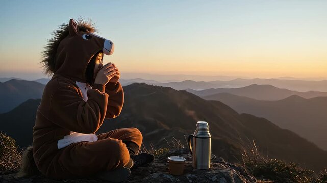 馬の着ぐるみを着て山頂で温かい飲み物を飲む女性