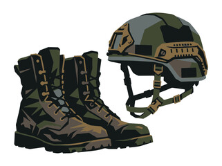 Naklejka premium Vector Illustration of Army Combat Boots and Tactical Helmet for Military Service and Defense