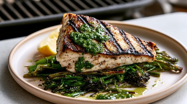 Grilled Fish Served over Charred Broccolini / 焼き目のついたブロッコリーニに重ねた焼き魚