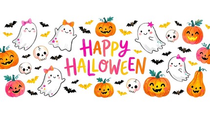 Fototapeta premium Happy Halloween banner with ghosts and pumpkins