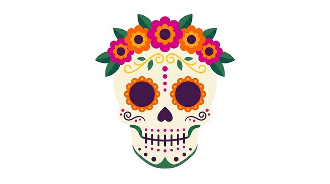 Mexican sugar skull with floral crown with transparent background