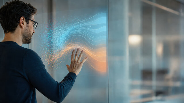 Predictive analytics platform visualized through glowing digital interface as thoughtful man reaches toward flowing data