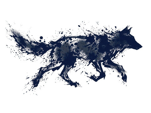 Illustration artistique d'un loup en mouvement r&eacute;alis&eacute;e avec un style d'&eacute;claboussures d'encre noire sur un fond blanc pur, capturant la puissance et l'&eacute;l&eacute;gance sauvage de cet animal pr&eacute;dateur