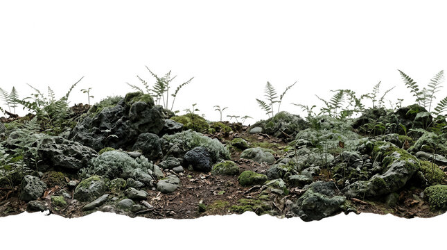 Ch&atilde;o de floresta com pedras, musgo e samambaias isolado
