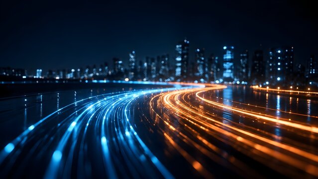 Fiber Optic Speed Light Trails Merging Through Night Metropolis for Broadband Connectivity