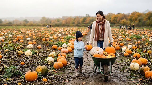 Woman and child in a pumpkin patch