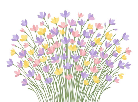 Un bouquet printanier de fleurs sauvages aux tons pastel, violet, jaune et rose, illustr&eacute; dans un style artistique plat et &eacute;l&eacute;gant sur un fond blanc pur, id&eacute;al pour des designs de cartes de v&oelig;ux.