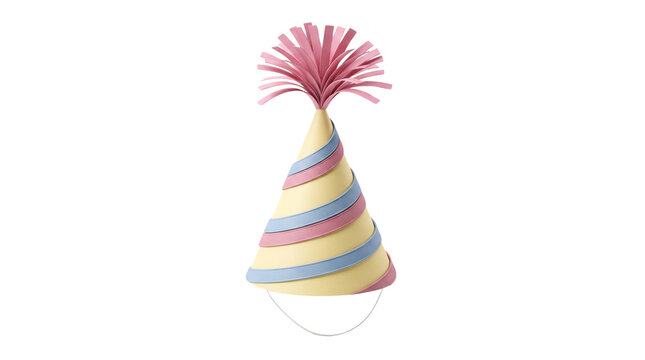 Colorful party hat with stripes and pink paper fringe topper isolated for birthday celebrations children events and festive carnival photography prop.
