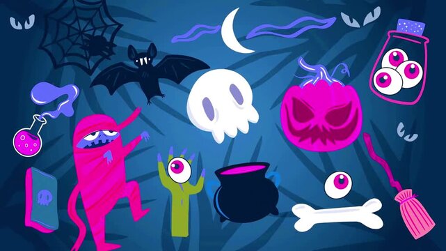 Halloween elements featuring mummy pink pumpkin skull and cauldron on dark blue background.