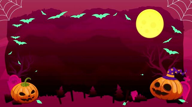 Halloween frame animation with flying bats full moon and pumpkins on dark purple background.