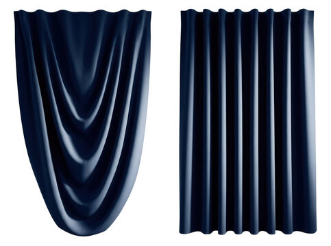 Deux rideaux en tissu bleu marine avec des plis &eacute;l&eacute;gants et des drap&eacute;s fluides, isol&eacute;s sur un fond blanc pur, parfaits pour le design d'int&eacute;rieur, la d&eacute;coration de luxe ou les projets de rendu 3D.