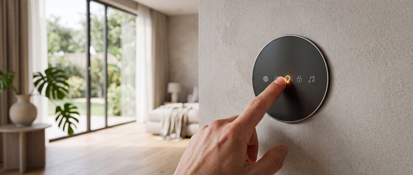 Smart home control panel on wall touched by male finger to adjust lighting in modern luxury bedroom interior with minimalist decor, concrete texture, and sliding garden doors