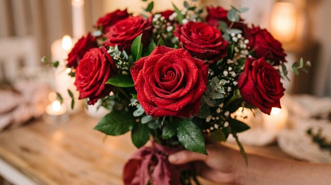 Romantic bouquet of red roses with water droplets and candles in soft light