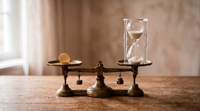 Antique Scale Balancing Coin Against Hourglass