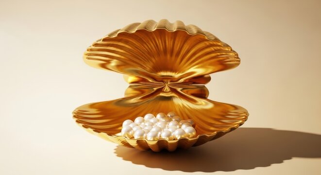 A golden shell open with a pile of white pearls inside on a beige background