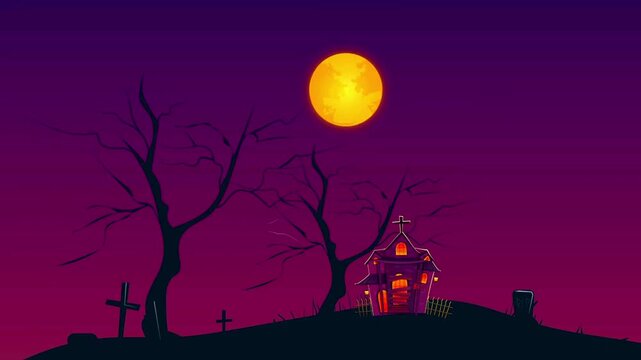 Flying witch on a broomstick passing a haunted church with hanging pumpkins under full moon.