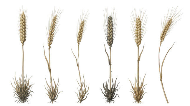 Ensemble d'illustrations botaniques de six &eacute;pis de bl&eacute; dor&eacute;s et m&ucirc;rs avec tiges et racines, pr&eacute;sent&eacute;s en ligne sur un fond blanc &eacute;pur&eacute;.