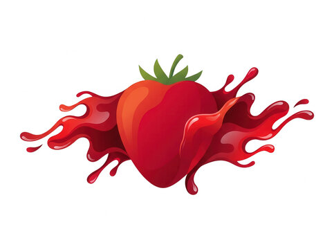 Ilustra&ccedil;&atilde;o vetorial de um morango vermelho vibrante com respingos de suco din&acirc;micos, isolado em fundo branco, ideal para design de embalagens de alimentos, bebidas saud&aacute;veis e conceitos de frescor.