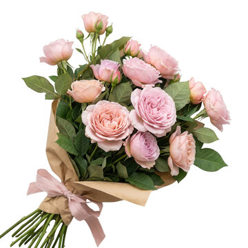 Um elegante buqu&ecirc; de rosas cor-de-rosa delicadas, embrulhado em papel pardo r&uacute;stico com um la&ccedil;o de fita suave, isolado em um fundo branco puro, ideal para presentes rom&acirc;nticos e decora&ccedil;&otilde;es florais.