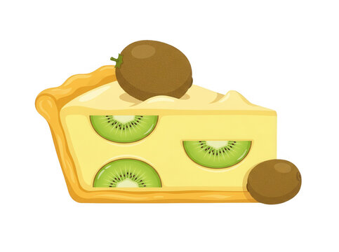 Uma fatia de torta de kiwi com recheio cremoso amarelo, decorada com fatias frescas da fruta e um kiwi inteiro, ilustrada em estilo vetorial plano sobre um fundo branco isolado para design culin&aacute;rio.