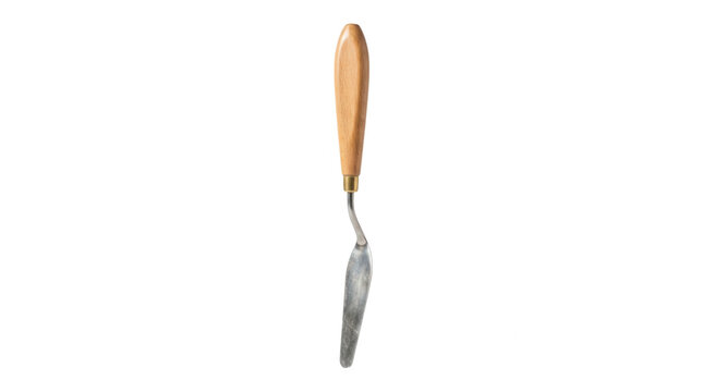 Esp&aacute;tula de pintura art&iacute;stica com cabo de madeira e l&acirc;mina de metal isolada no fundo branco, ideal para misturar tintas e criar texturas em telas.