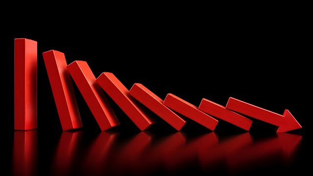 Falling red dominoes forming a downward arrow on black background representing chain reaction of financial crisis and economic market collapse