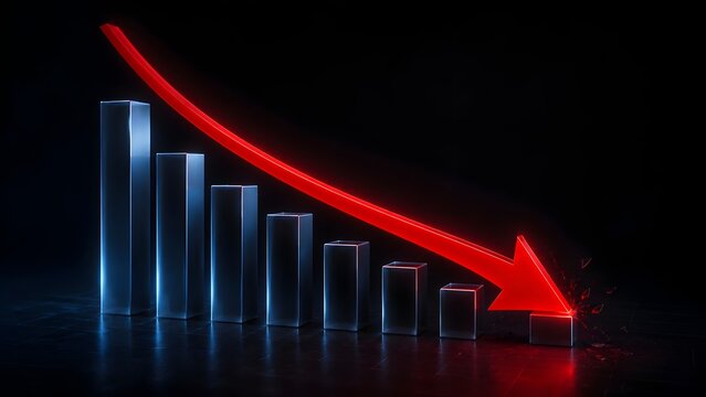 Glowing red arrow crashing down on metallic bar chart representing economic recession financial crisis and business market failure