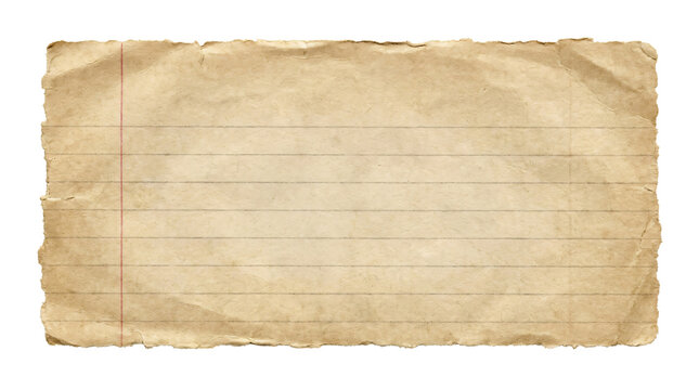 Vintage lined paper with ragged edges and horizontal ruled lines showing aged texture presented as a cutout on transparent background