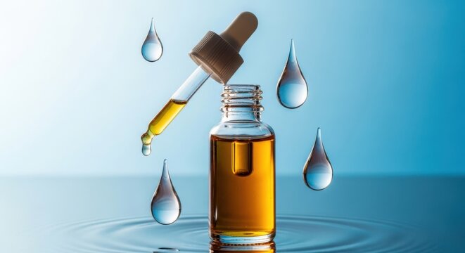 Cosmetic serum bottle with glass dropper and floating liquid drops on blue background