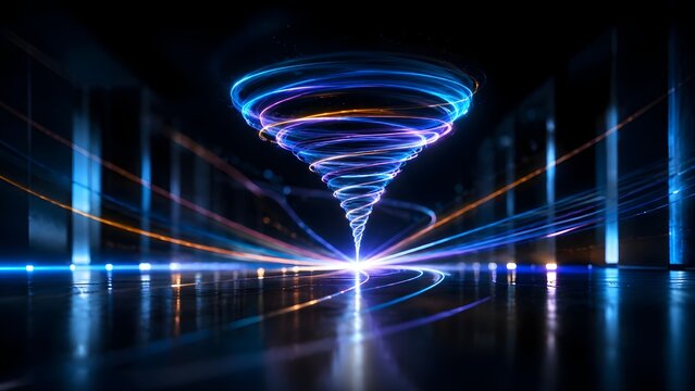 High speed digital data vortex moving across a reflective surface representing cyber security threats information storms and fast technology