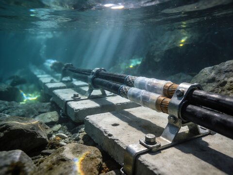 focused divers perform installation or maintenance work on underwater construction equipment in a rocky submarine environment, with blue-green and