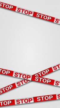 Red stop tape crossing on white background. Safety barrier ribbon for caution and restriction. Warning sign for construction site and police investigation zone.