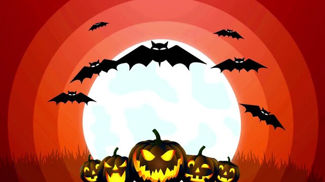 Flying bats across a full moon above glowing pumpkins on a red background.